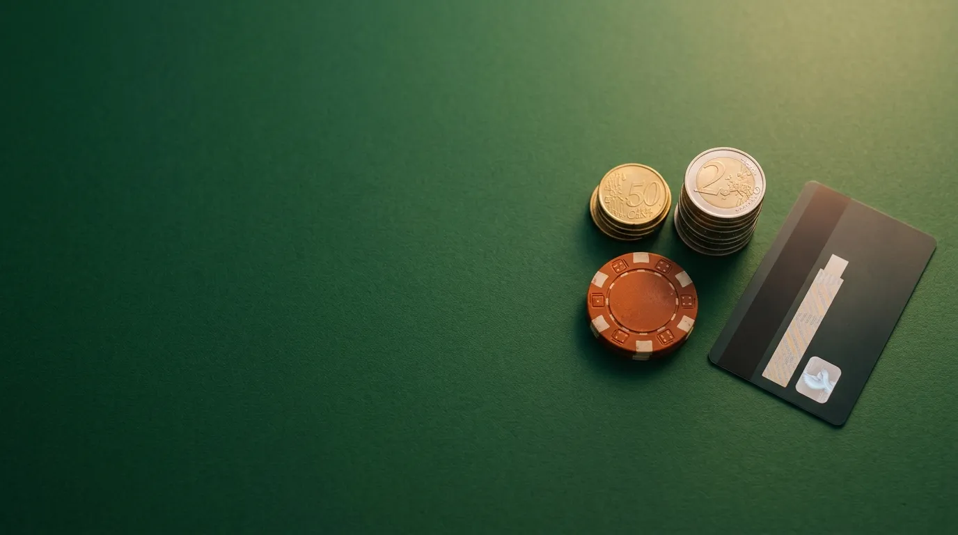 Petite pile de pièces en euros et jeton de casino, dépôt de 10 euros
